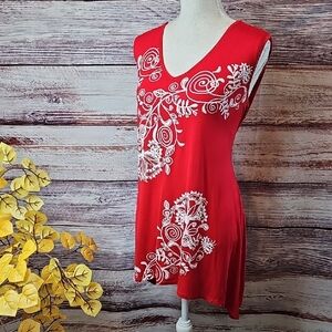 NWT AVENUE RED WHITE AYSEMMETRICAL EMBROIDERED SLEEVELESS V-NECK TANK TOP DRESS